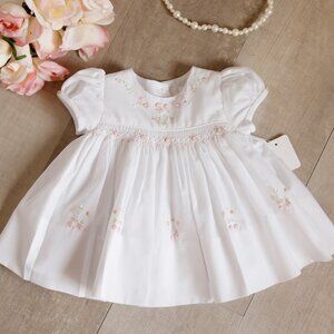 Preemie Newborn White Smocked Dress Pearls Pink Embroidery Ruffled Diaper Cover